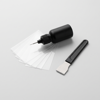 CADMUS GlassFix windshield repair kit: resin applicator, curing films and razor blade