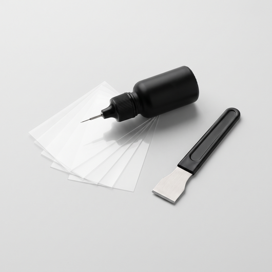 CADMUS GlassFix windshield repair kit: resin applicator, curing films and razor blade