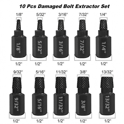 Gearvona 10PCS damaged bolt extractor set, ten sizes from 1/8 to 13/32 inch on 1/2 inch hex bodies