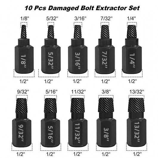 Gearvona 10PCS damaged bolt extractor set, ten sizes from 1/8 to 13/32 inch on 1/2 inch hex bodies