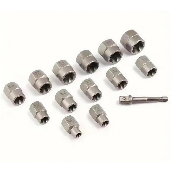 Thirteen Gearvona extractor sockets and the 1/4 inch hex drive adapter laid out
